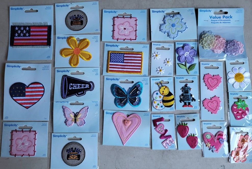 25 New Simplicity Embroidered Iron On Patches, Flags, Robot, Flowers And More 