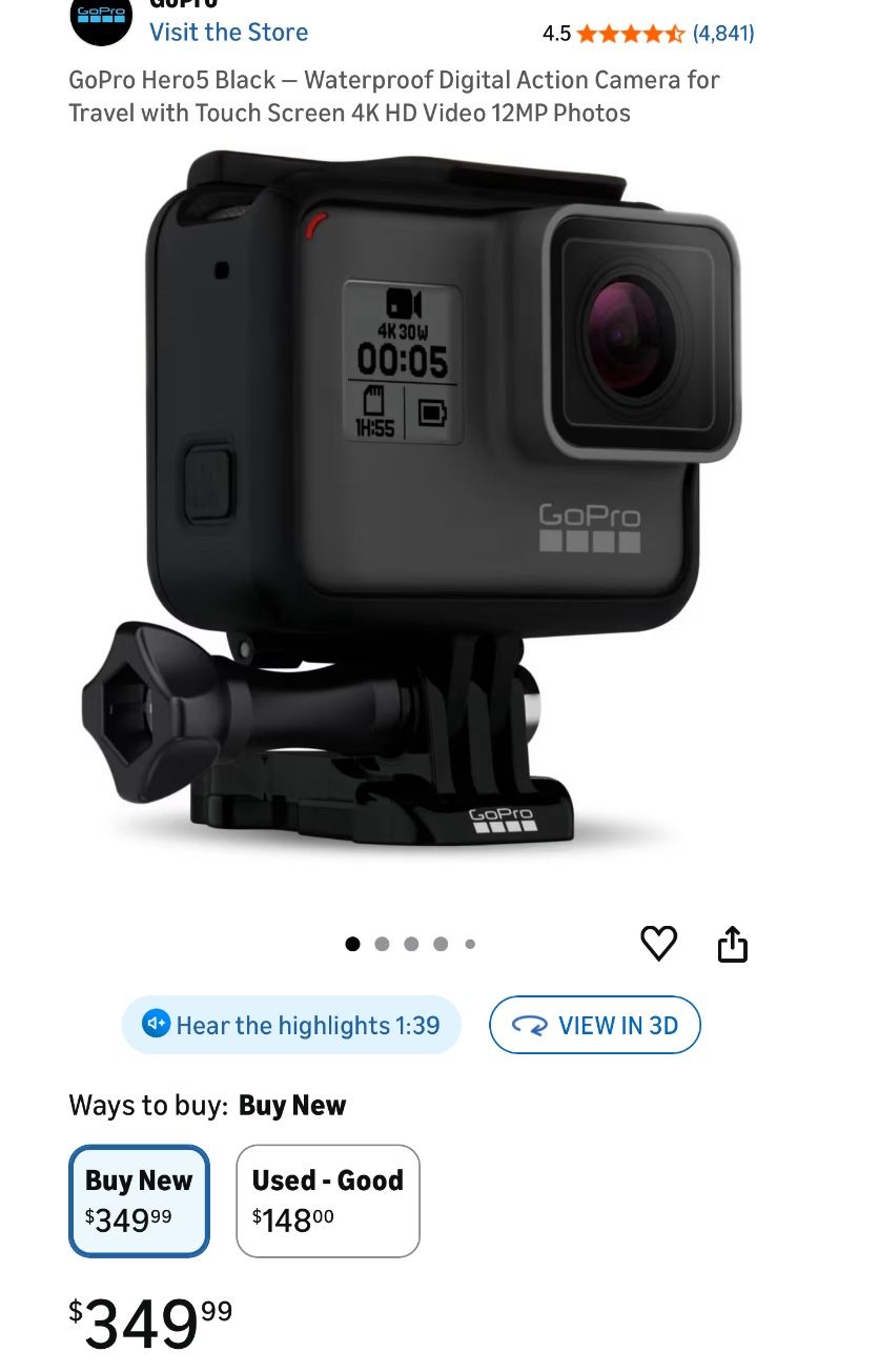 GoPro Hero5 Black — Waterproof Digital Action Camera for Travel with Touch Screen 4K HD Video 12MP Photos