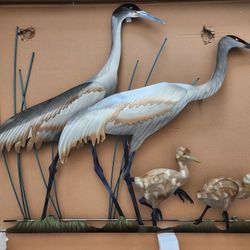 Copper Art Brand - Sandhill Crane Family and Double Palms On Teak Base 