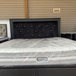 Black King Size Bedroom, Set, Diamonds, Nightstand, Dresser, Mattresses, And Boxspring