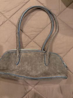 Brown Suede Shoulder Bag with Blue Trim