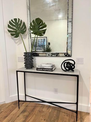 New RH Thaddeus Marble Console Table 48” W Sandblasted Italian Carrara Marble/Forged Iron