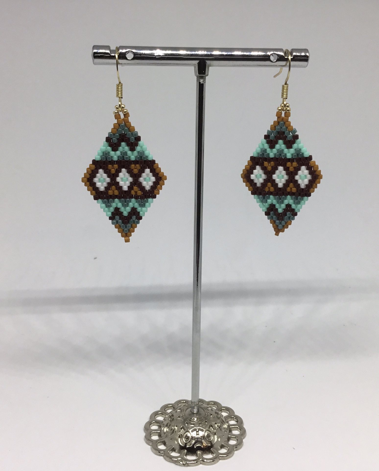 Beaded Southwest Earrings Diamond Pattern With Gold Ear Wire Fashion