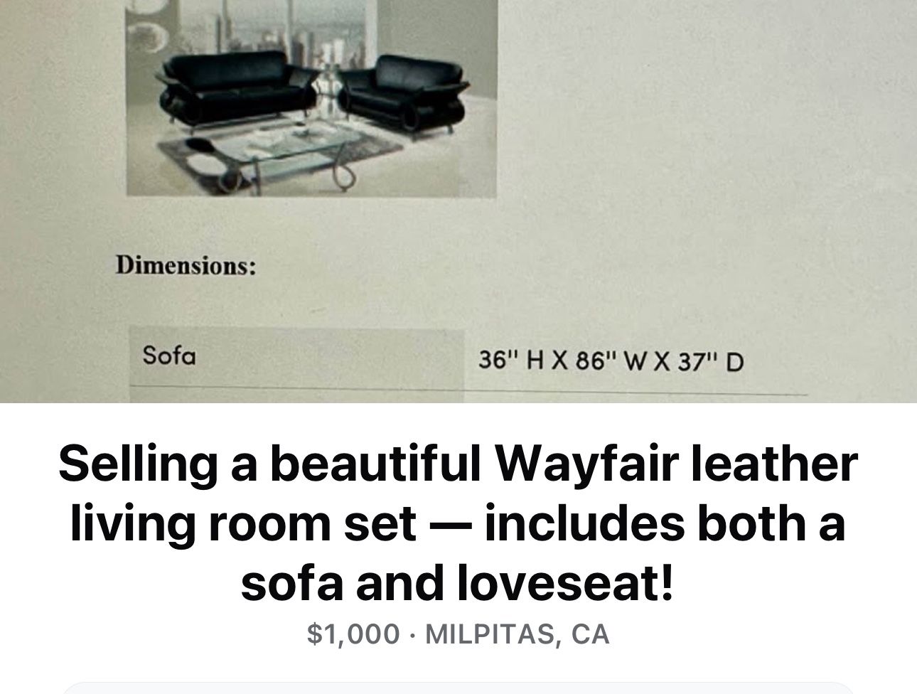 Wayfair Modern Leather Living Room Set β Sofa + Loveseat (Wayfair) Like New