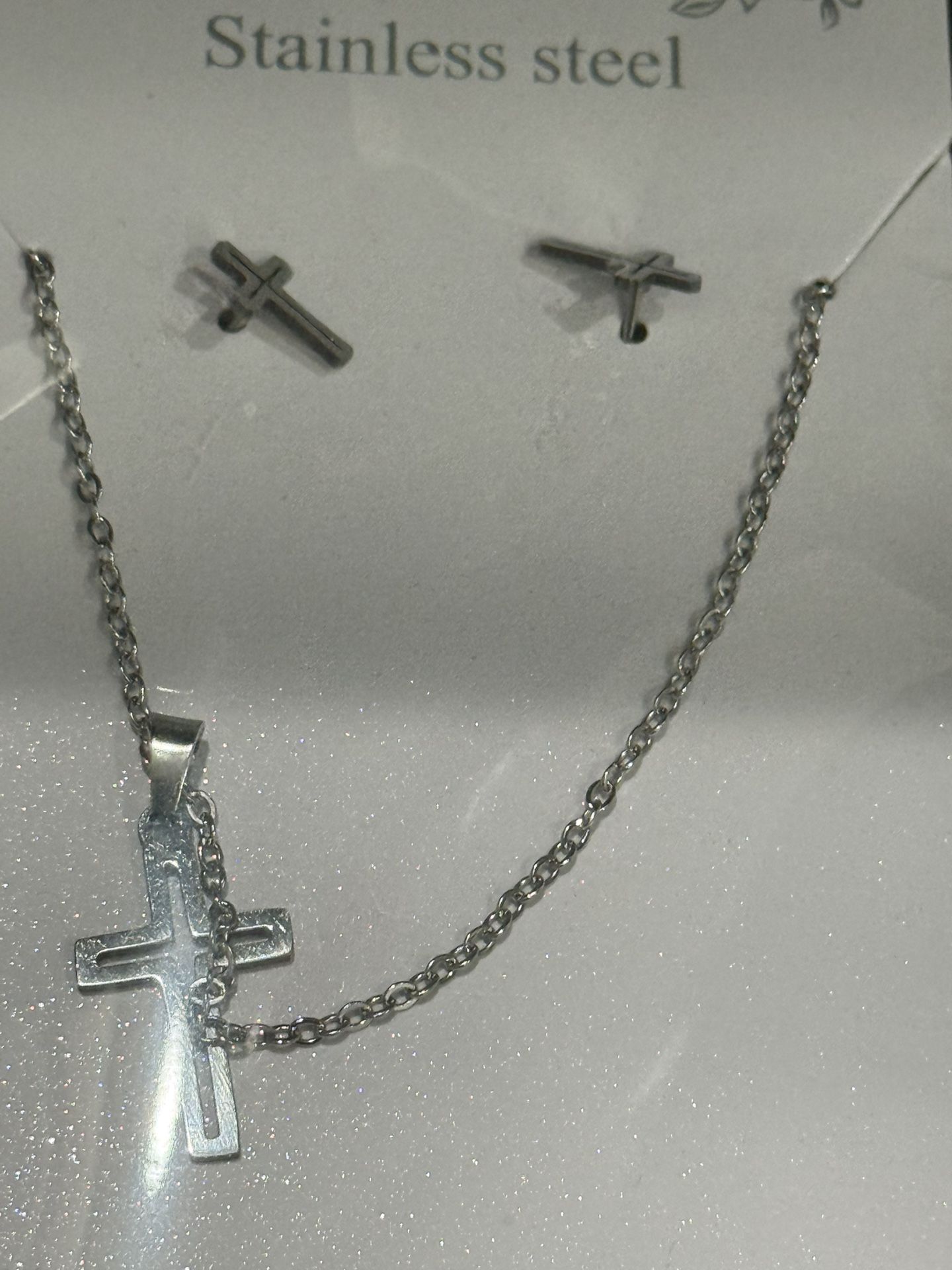 Stainless Steel Cross Earrings Matching Necklace