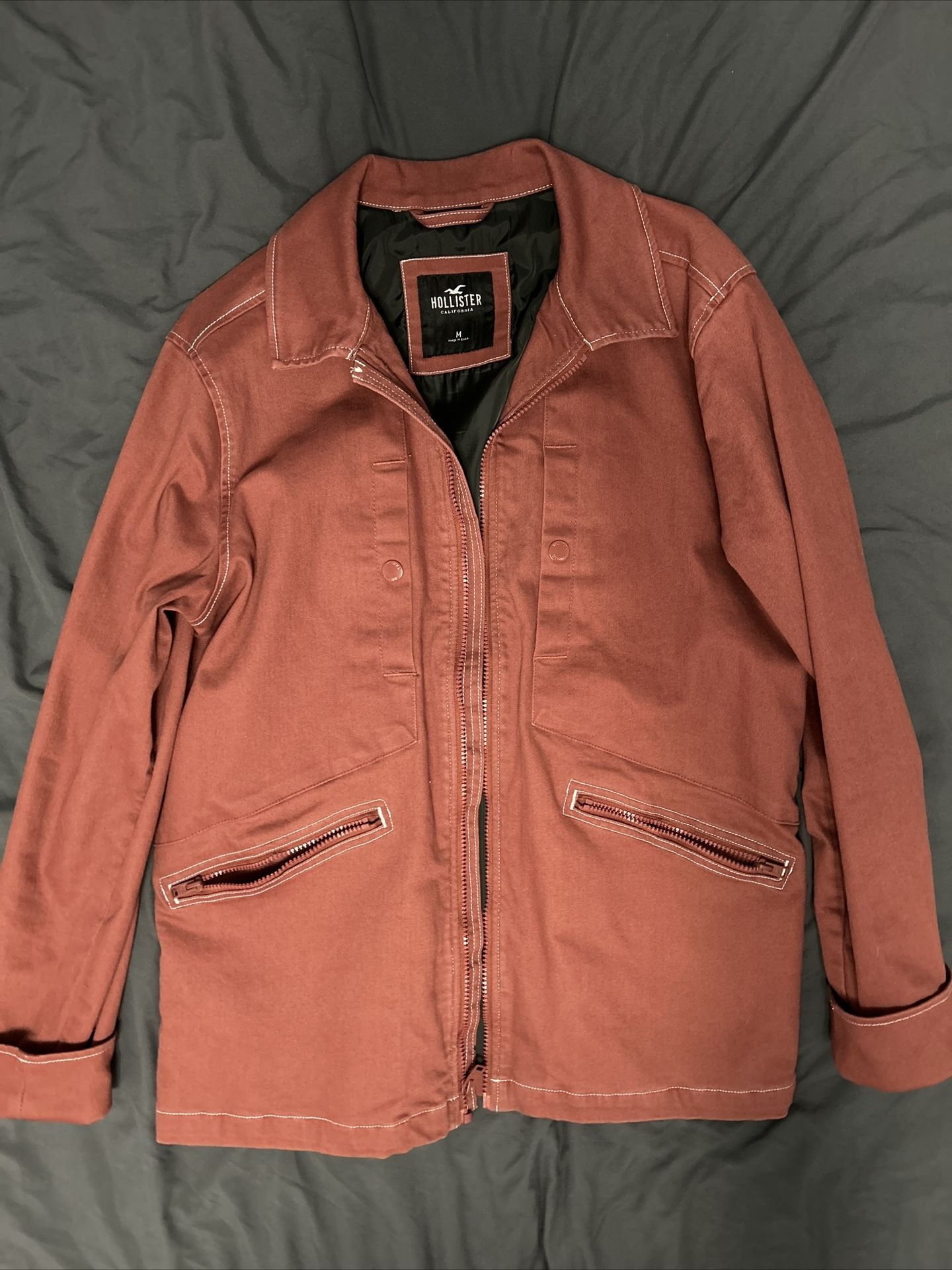 RARE Hollister Denim Long Coat Men Burgundy Orange Medium