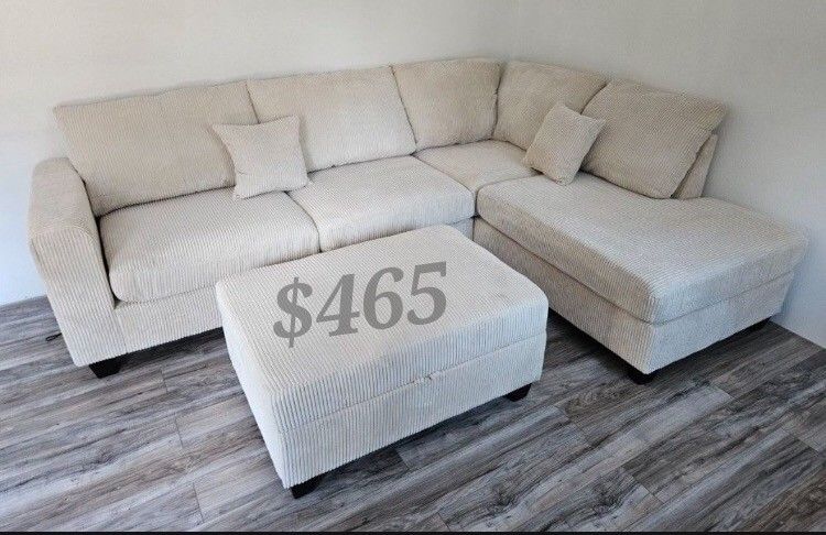 3-Pc Corduroy Sectional Sofa Set With Storage Ottoman