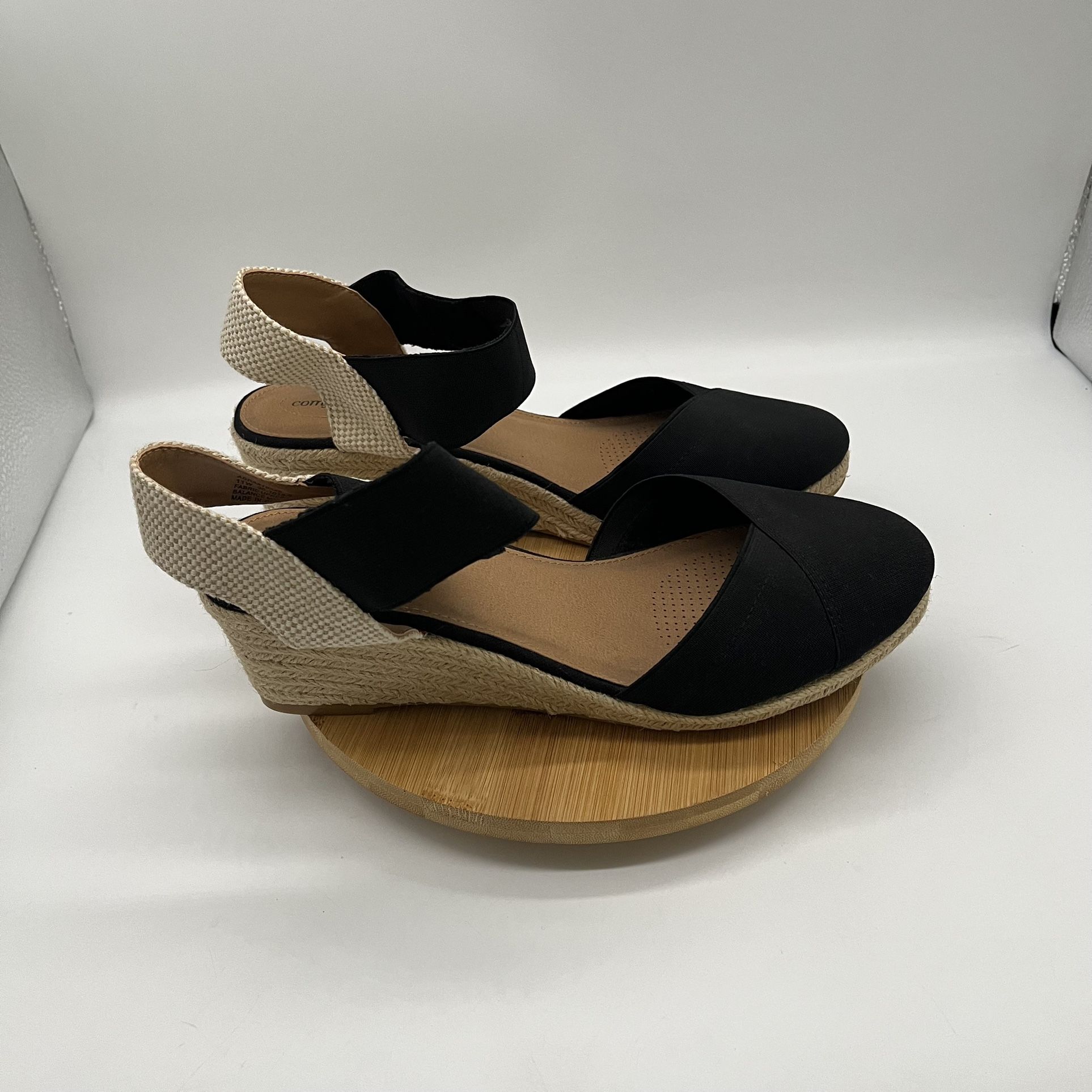 COMFORTVIEW ABRA BLACK ESPADRILLE WEDGE SANDALS -11 WIDE WIDTH