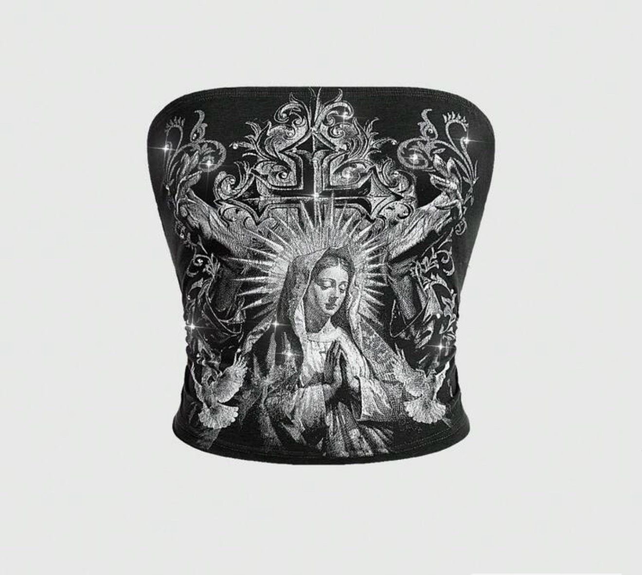 Goth Women's Cross & Virgin Mary Rhinestone Craft Strapless Top