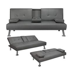 Modern Faux Leather Convertible Futon Sofa Bed with Cup Holders, Gray  