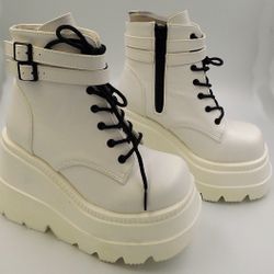 Demonia 4.5" Wedge Platform Heel White Lace-Up Ankle Boots w/ Side Zip 6
