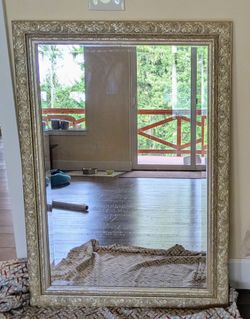 Large, 30" x 42" Elegant Wood Mirror. Antiqued Gold. Very heavy, professionally mounted.