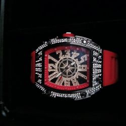 Skeleton Watch with Crystal Bezel Red Strap 47mm