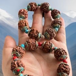 Vintage 2 Rudraksha Beads Yoga Bracelets Inlay With Coral & Turquoise With Stretchable Strings.