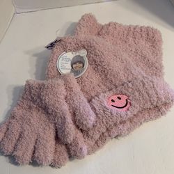 TOBY & ME Girl 3pc  Set Hat Scarf Handwear 4-6X Emoji Happy Face Furry Pink New