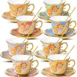 Tea Cups and Saucers Set of 8, 8 OZ Floral Tea Cup with Saucer, Vintage Tea Cups Porcelain Tea Set with Spoon for Latte , Mocha , Afternoon Tea Birthd