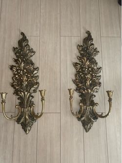 Pair of Vintage Ornate Wall Candle Sconces – Bronze & Gold Floral Decor