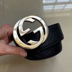 100% Authentic UNISEX Gucci Guccissima Black Logo Leather Gold Interlocking G Buckle Belt 85/34