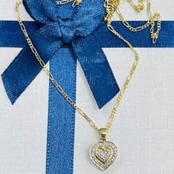 10K Solid Gold Heart Pendent & Figaro Chain Pendent On Sale