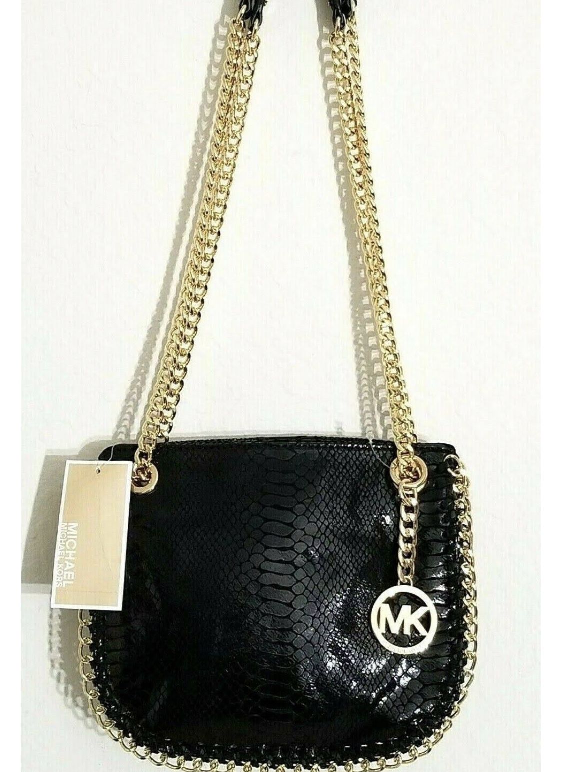 Michael Kors Chelsea Black Snakeskin Leather Gold Chain Crossbody Bag