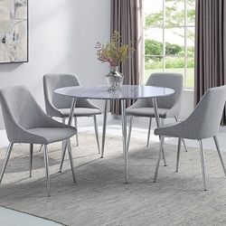 ✅️✅️5 pc Tola chrome and faux marble 45" round top dining table set with grey scoop chairs✅️