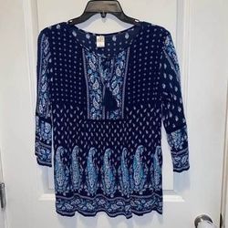 Bila Top Womens Navy Floral Paisley 3/4 Bell Sleeve Peasant Tied Tassel size large
