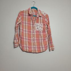 Pink, Peach, Salmon, Plaid Shirt With Lace Details, Hippy LAUNDRY SIZE L