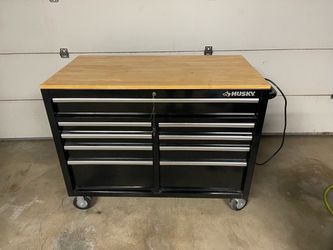 Husky 46” x 24.5” Deep Rolling Tool Chest / Workbench – Wood Top + Power
