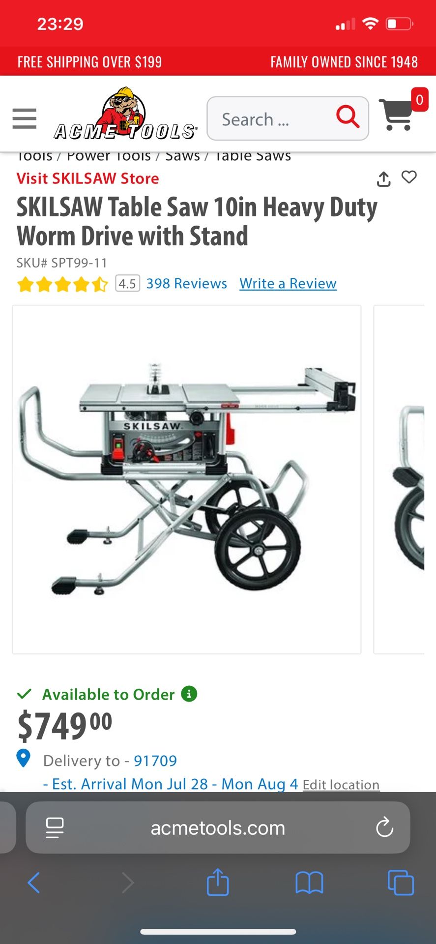 SKILSAW Table Saw 10in Heavy Duty Worm Drive with Stand