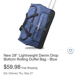 New 28" Lightweight Denim Drop Bottom Rolling Duffel Bag - Blue