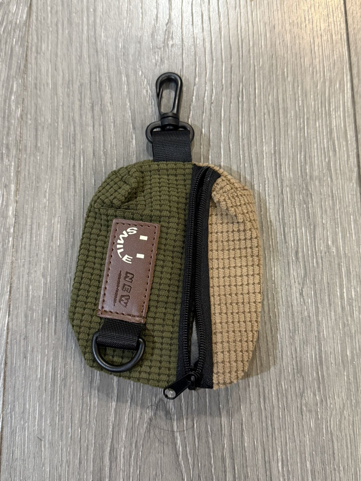 Cute Compact Fabric Two-Tone Green and Tan Mini Pouch with Clip