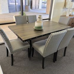 Dining Set With 5 Chairs In Gray Linen And Brown Wood 