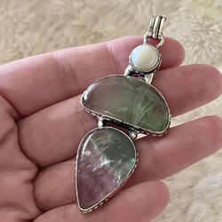 Natural Fluorite & Pearl Gemstone 2.8” Silver Pendant