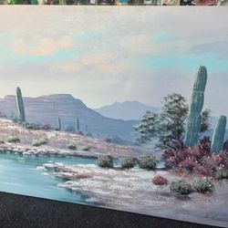 Vintage Large Desert Oil Painting Art Work Boho Decor Signed 