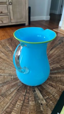 Mid Century Opaline Blue Art Glass Pitcher - Lime Green Rim 9" Empoli Italy⁠