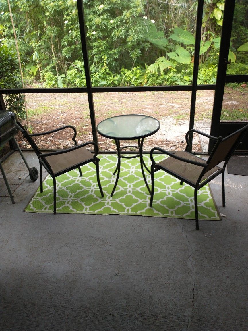 Patio Set table and 2 chairs. Perfect for small patio. Chairs are stackable for easy storage.