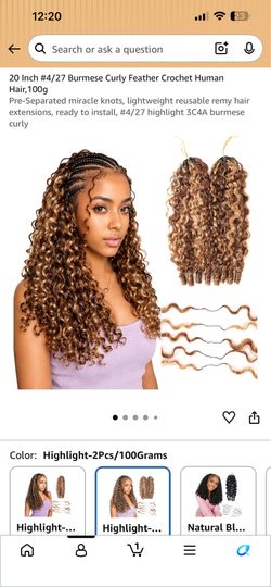20 Inch #4/27 Burmese Curly Feather Crochet Human Hair