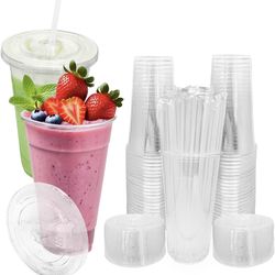 [50 SETS] 32 oz Cups with lids, Plastic cups with lids and straws, iced coffee cup, suitable for takeout iced coffee cold drinks, smoothies, juices, p