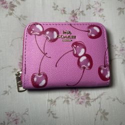 Coach cherry print pink mini wallet/card holder