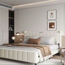 Full Boucle Upholstered Bed Frame with Wingback Headboard, No Box Spring Needed, Easy Assembly, Platform Bed with Wooden Slats, Beige (King (U.S. Stan