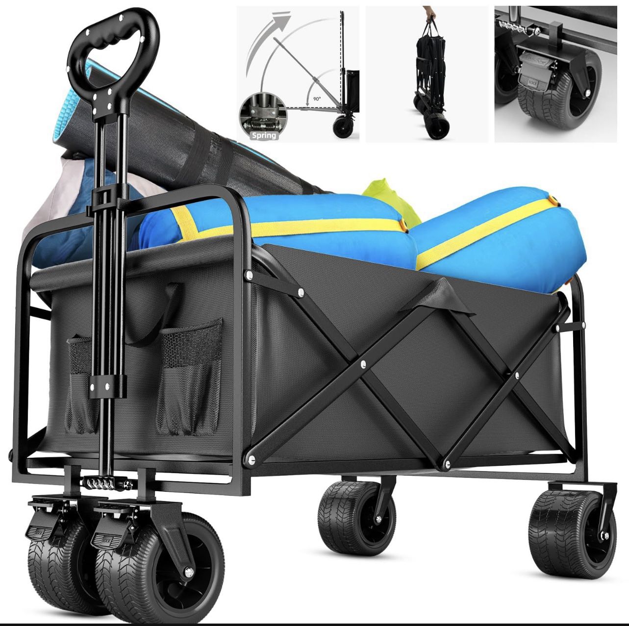 Heavy Duty Utility Collapsible Wagon with All-Terrain 4in×7in Wheels,Load 400 Lbs,Portable 150 liter large capacity beach wagon,for Garden Outdoor Cam