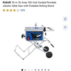 Kobalt 10-in 15-Amp 120-Volt Corded Portable Jobsite Table Saw with Foldable Rolling Stand