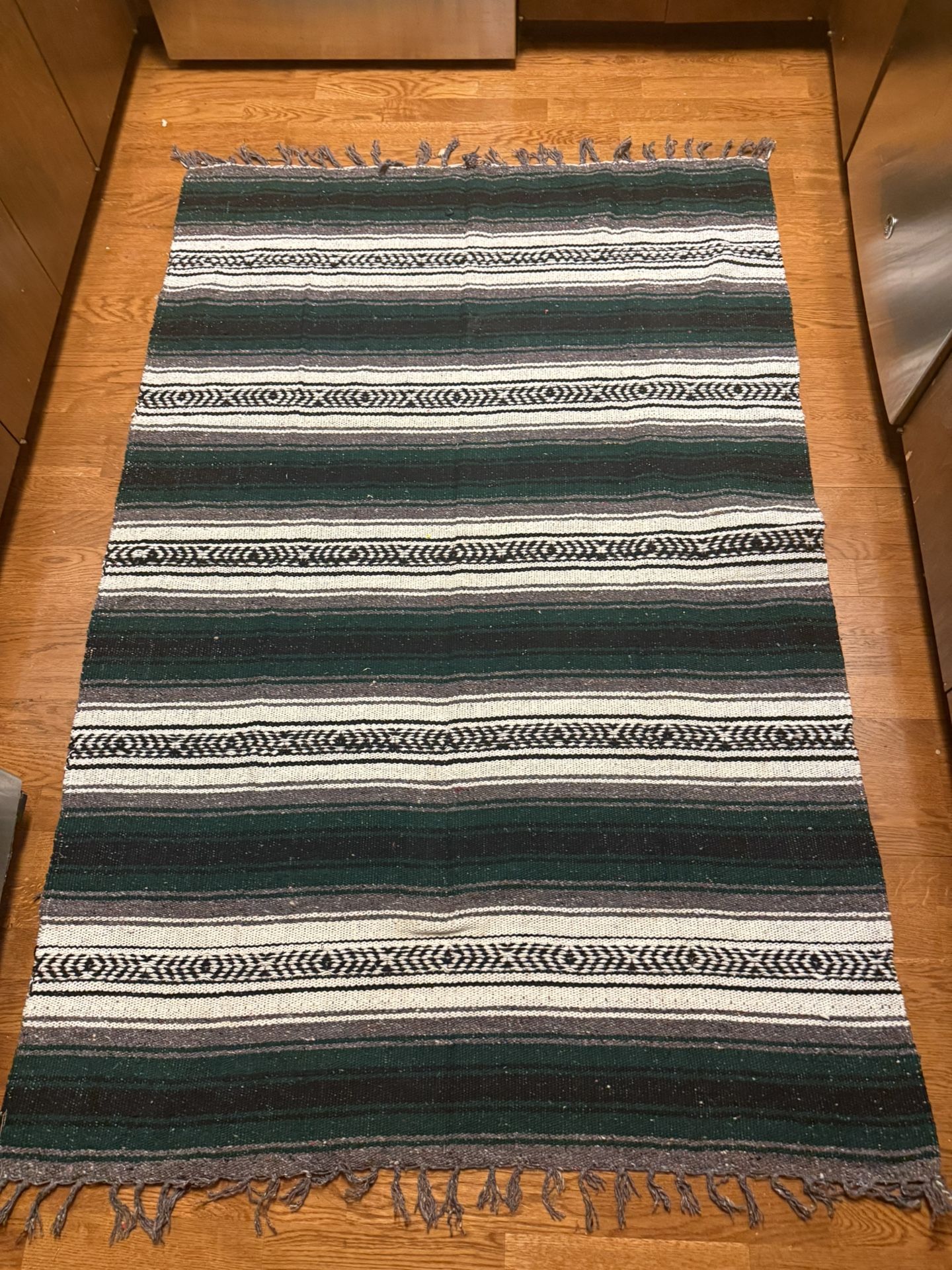 Vintage Mexican, Serape Blanket, Fringe, Green, White Black Tapestry