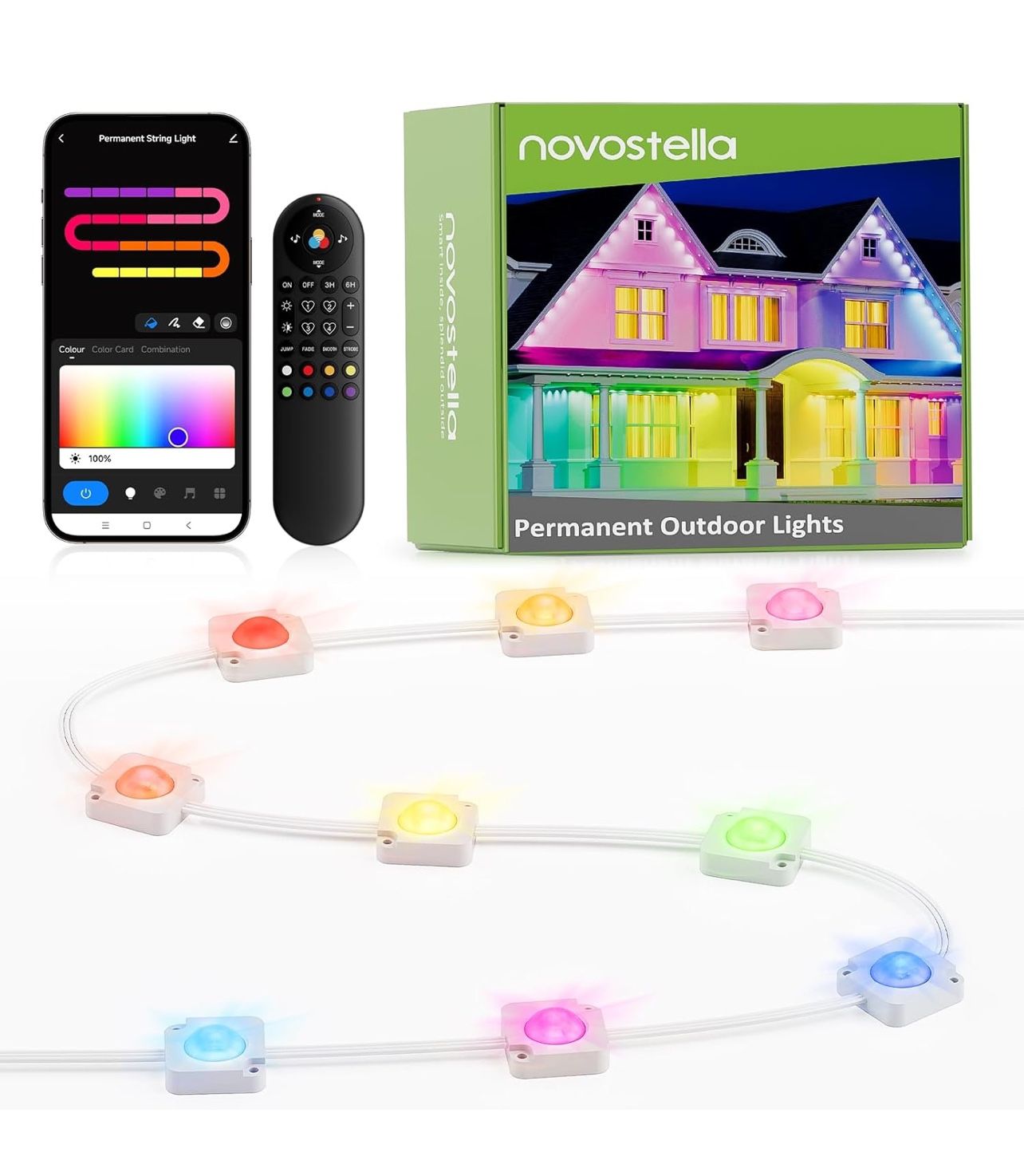 NOVOSTELLA Permanent Outdoor Lights, Smart RGB IC Lights Outdoor Waterproof IP65 with 80 LEDs 120ft RainbowColor Eaves Lights for Decor, Christmas, Wi