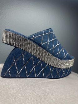 Denim Rhinestone Wedge Slide Sandals