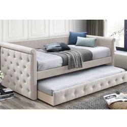 Beige Burlap Twin Over Twin Day Bed With Trundle Button Tufted Firm Price $299 Brand New In Box