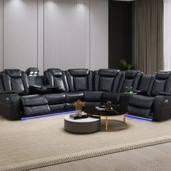 Power Electric Black Leather Fully Reclining Sectional Couch 