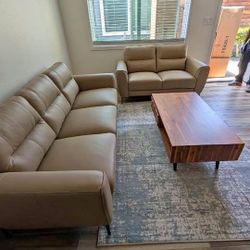New Top Grain Leather Couch / Love Seat.  Tan / Grey.  82x37x34H;60x37x34H.  Free Delivery!