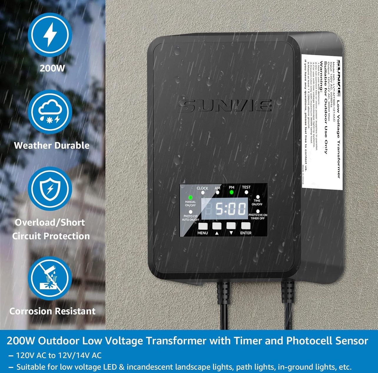 SUNVIE 200W Landscape Lighting Transformer Outdoor Low Voltage Landscape Transformer with Timer and Photocell Sensor Waterproof 120V to 12V/14VAC Low