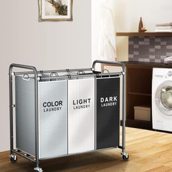 Laundry Sorter Hamper 3 Section, Divided Laundry Basket Organizer with Heavy Duty Lockable Wheels and Removable Bags, Rolling Clothes Hamper for Apart